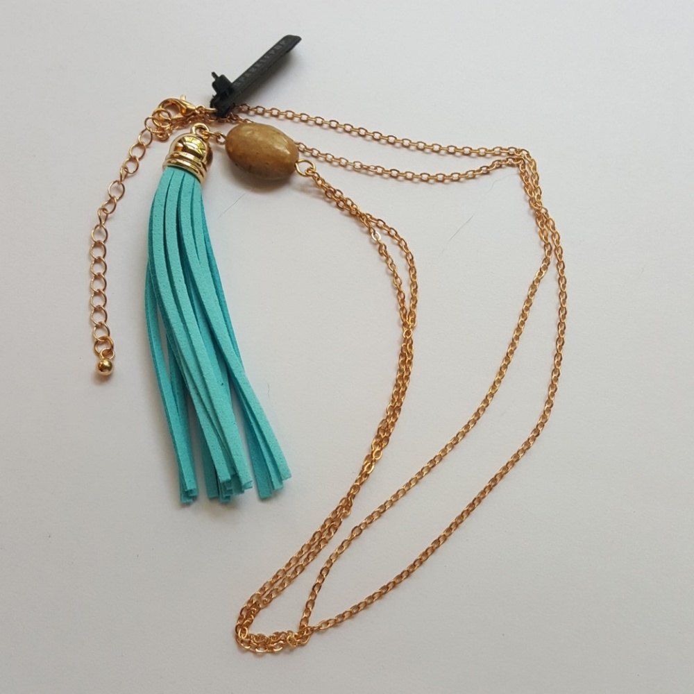 Teal leather tassel and stone necklace